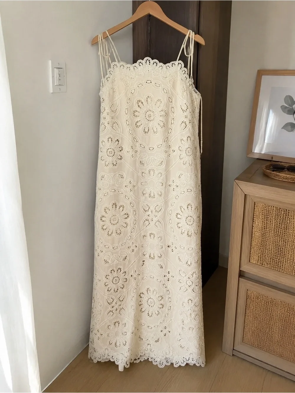 Zimmermann Cream Eyelet Lace Slip Dress with Tie Straps
